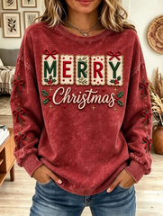 Women Merry Christmas Velvet Bow Mineral Wash Sweatshirt