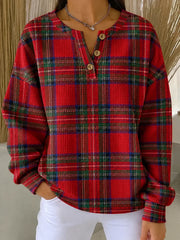 Vintage Plaid Henley Collar Long Sleeve Sweatshirt