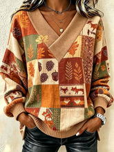 Women Chic Autumn Themed Patchwork Print Waffle Knit Sweater