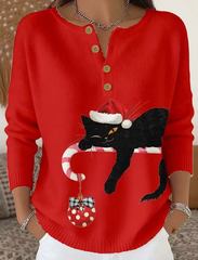 Women's Christmas Cute Cat Print Knit Button Sweater