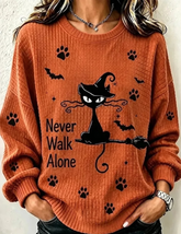 Never Walk Alone Halloween Cat And Broom Print Casual Sweatshirt