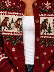 Vintage Casual Round Neck Horse Snowflake Pattern Cardigan