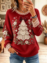 Women Casual Lace Trim Print Christmas Tree Waffle Sweatshirt