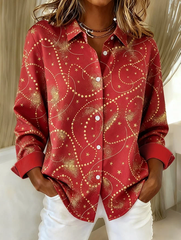 Women Casual Color Block Christmas Print Long Sleeve Shirt