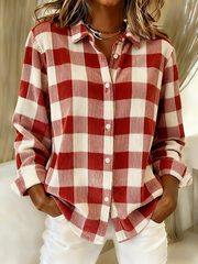 Women Plaid Casual Shirt Shirt Collar Long Sleeve Buckle Top