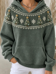 Women Vintage Christmas Trees Snowflakes Casual Hoodie