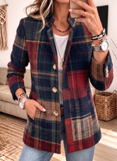 Women Plaid Blazer Notched Lapel Button Down Wool Blend Casual Jacket With Pockets