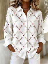 Women Christmas Casual Shirt Shirt Collar Long Sleeve Buckle Top