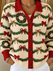 Christmas Casual Vintage Wreath Collared Cardigan