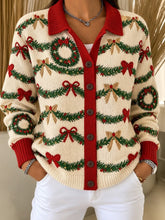 Christmas Casual Vintage Wreath Collared Cardigan