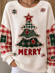 Casual Vintage Crew Neck Christmas Tree Sweatshirt