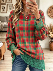 Women's Plaid Casual Crochet Lace Trim Tunic Top