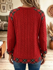 Women Plaid Trim Cable Knit Christmas Tree Sweater