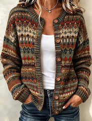 Women Bohemian Retro Gradient Art Print Knit Button Cardigan