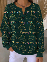 Buckle Henley Collar Christmas Tree Elegant Festive Sweatshirt