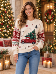 Beige Red Truck Christmas Tree Crew Neck Knit Sweater