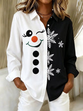 Women Christmas Snowman Casual Shirt Shirt Collar Long Sleeve Buckle Top