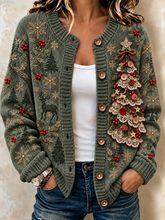 Women Christmas Elk Snowflake Long Sleeve Comfy Vintage Cardigan