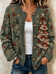 Women Christmas Elk Snowflake Long Sleeve Comfy Vintage Cardigan