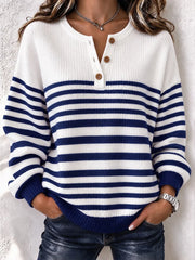 Casual Striped Henley Collar Relaxed Long Sleeve Sweatshirt