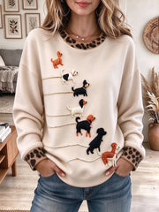 Women's Playful Dog Embroidered Crew Neck Pullover