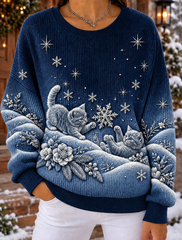 Women Snowy Kittens And Snowflake Long Sleeve Crew Neck Sweatshirt