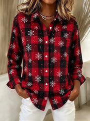 Women's Long Sleeve Shirt Spring/Fall Red Christmas Printing Shawl Collar Holiday Going Out Vintage Top