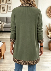 Women's Leopard Trim Lapel Ribbed Knit Cardigan