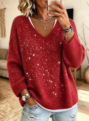 Women Casual Classic V Neck Shiny Knit Sweater