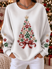Women Animal Paw Christmas Tree Pattern Casual Crew Neck Sweatshirt