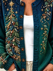 Women Elegant Christmas Tree Long Sleeve Comfy Vintage Cardigan
