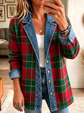 Edgy Women Lapel Button Down Casual Plaid Denim Spliced Blazer Jacket Outerwear