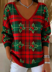 Women Christmas Plaid V Neck Knit Casual Sweater
