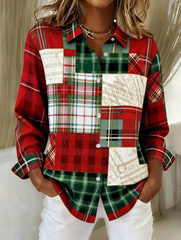 Women Christmas Patchwork Vintage Long Sleeve Shirt