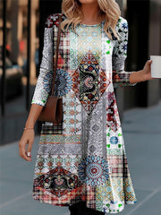 Ethnic Crew Neck Long Sleeve Comfy Mini Dress