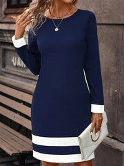 Long Sleeve Spring Fall Contrast Stitching Knitted Crew Neck Midi H-Line T-Shirt Dress