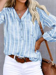 Stitching Striped Shirt Collar Long Sleeve Pocket Loose Shirt