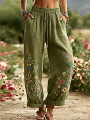 Women's Olive Floral Embroidered Drawstring Elastic Waist Linen Long Pants