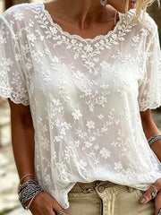 Women's White Floral Lace Scalloped Round Neck Short Sleeve Blouse
