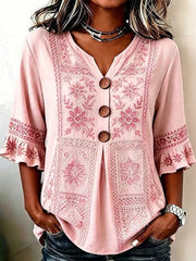 Women's Pink Floral Embroidery Lace V Neck 3/4 Ruffle Sleeve Blouse