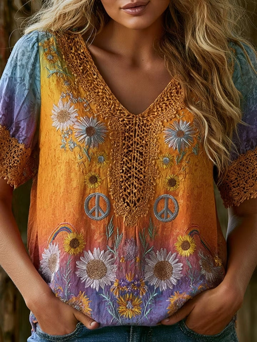 Women's Multi Gradient Daisy Peace Sign Crochet V Neck Short Sleeve Blouse