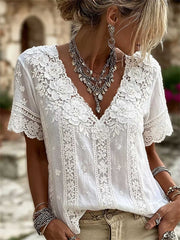 Women's White Floral Embroidered Lace Trim V Neck Short Sleeve Blouse