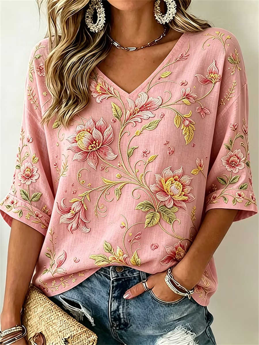 Women's Pink Lotus Floral Embroidered V Neck 3/4 Sleeve Blouse