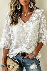 Women's White Floral Lace V Neck Three Quarter Sleeve Blouse