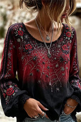 Women's Halloween Red Black Gradient Spider Rose Print Scoop Neck Long Sleeve Blouse