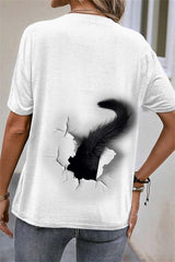 White Cat Graphic Round Neck Short Sleeve Tee