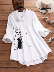 Women's Collared Neck Cat Print Long Sleeves Shirt
