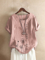 Dandelion Print Buttons Short Sleeves T-shirt
