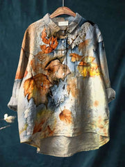 Leaves Art Printed Women's Casual Cotton And Linen Shirt
