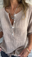 Casual Round Neck Button Ruffle Short Sleeve Top